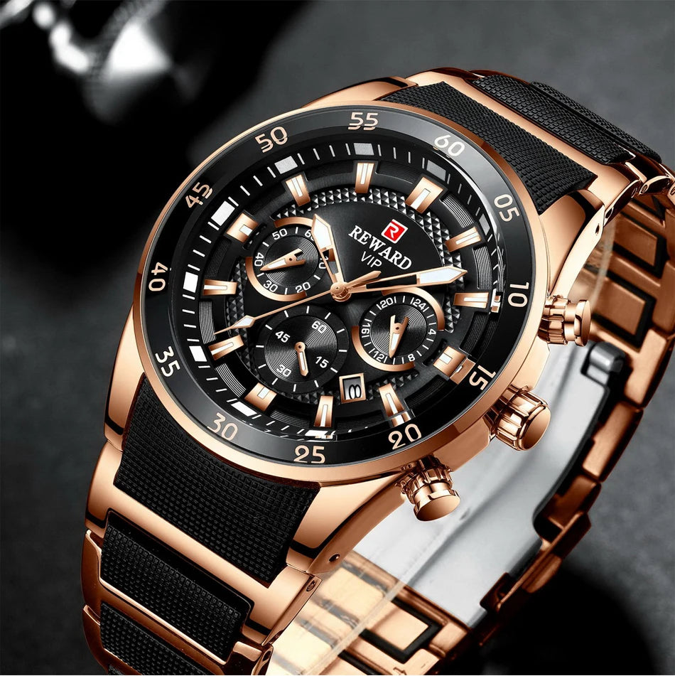 REWARD Brand Mens Watches Luxury Quartz Blue Watch Full Steel Men Chronograph Waterproof Business Wrist Watch Relogio Masculino