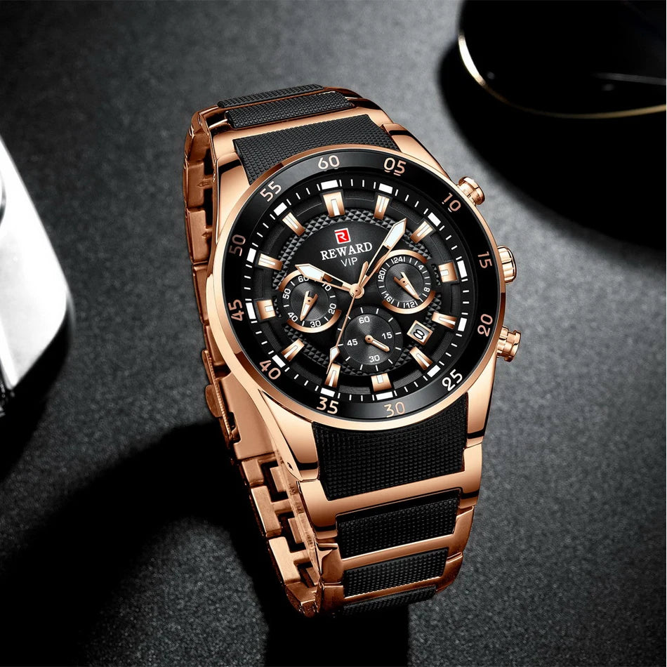 REWARD Brand Mens Watches Luxury Quartz Blue Watch Full Steel Men Chronograph Waterproof Business Wrist Watch Relogio Masculino