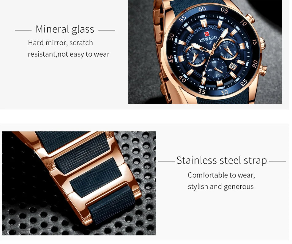 REWARD Brand Mens Watches Luxury Quartz Blue Watch Full Steel Men Chronograph Waterproof Business Wrist Watch Relogio Masculino