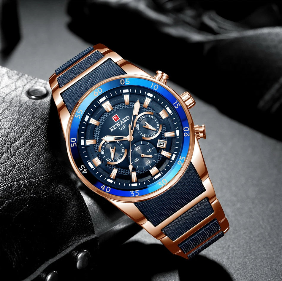 REWARD Brand Mens Watches Luxury Quartz Blue Watch Full Steel Men Chronograph Waterproof Business Wrist Watch Relogio Masculino