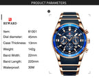 REWARD Brand Mens Watches Luxury Quartz Blue Watch Full Steel Men Chronograph Waterproof Business Wrist Watch Relogio Masculino