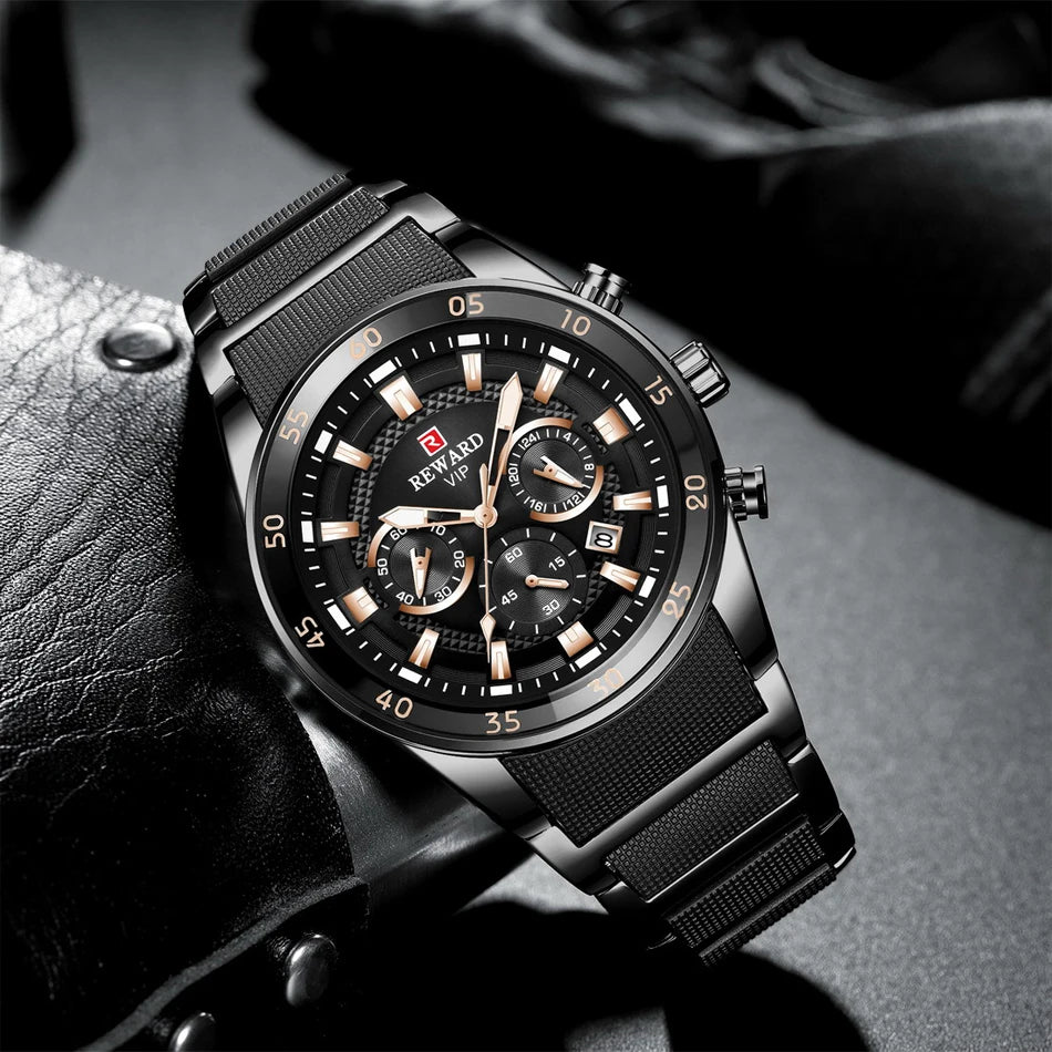 REWARD Brand Mens Watches Luxury Quartz Blue Watch Full Steel Men Chronograph Waterproof Business Wrist Watch Relogio Masculino