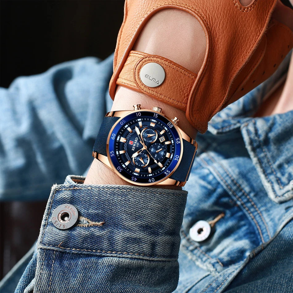REWARD Brand Mens Watches Luxury Quartz Blue Watch Full Steel Men Chronograph Waterproof Business Wrist Watch Relogio Masculino