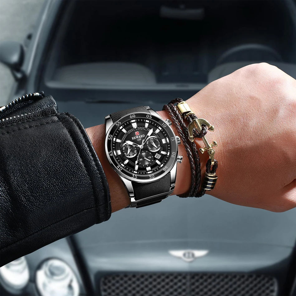 REWARD Brand Mens Watches Luxury Quartz Blue Watch Full Steel Men Chronograph Waterproof Business Wrist Watch Relogio Masculino