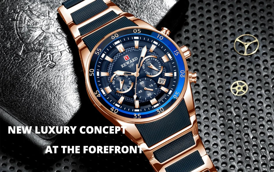 REWARD Brand Mens Watches Luxury Quartz Blue Watch Full Steel Men Chronograph Waterproof Business Wrist Watch Relogio Masculino