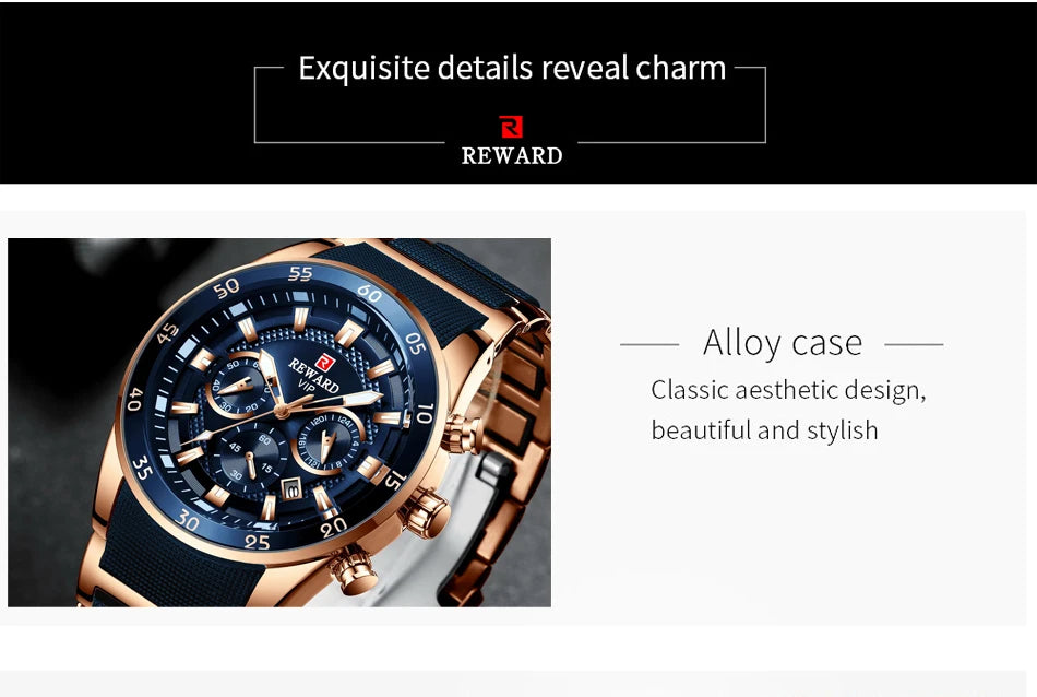 REWARD Brand Mens Watches Luxury Quartz Blue Watch Full Steel Men Chronograph Waterproof Business Wrist Watch Relogio Masculino