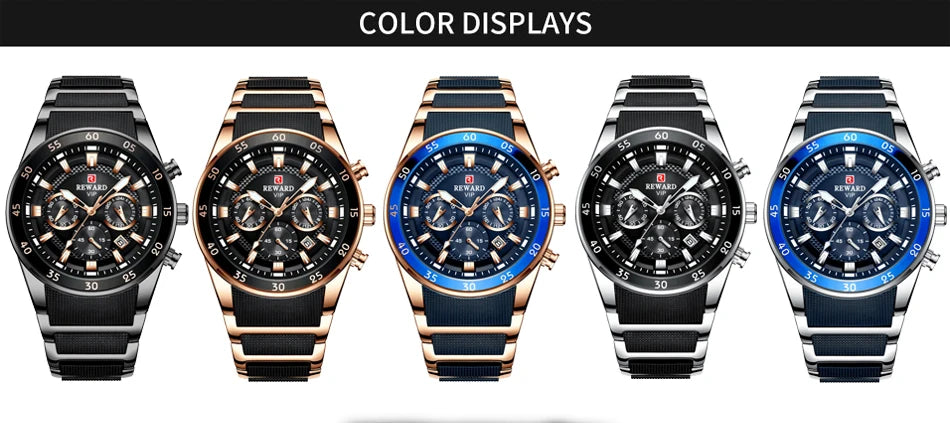 REWARD Brand Mens Watches Luxury Quartz Blue Watch Full Steel Men Chronograph Waterproof Business Wrist Watch Relogio Masculino