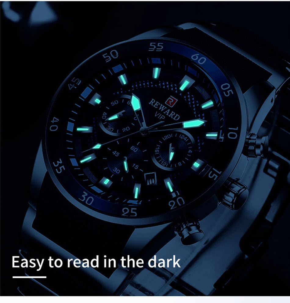REWARD Brand Mens Watches Luxury Quartz Blue Watch Full Steel Men Chronograph Waterproof Business Wrist Watch Relogio Masculino