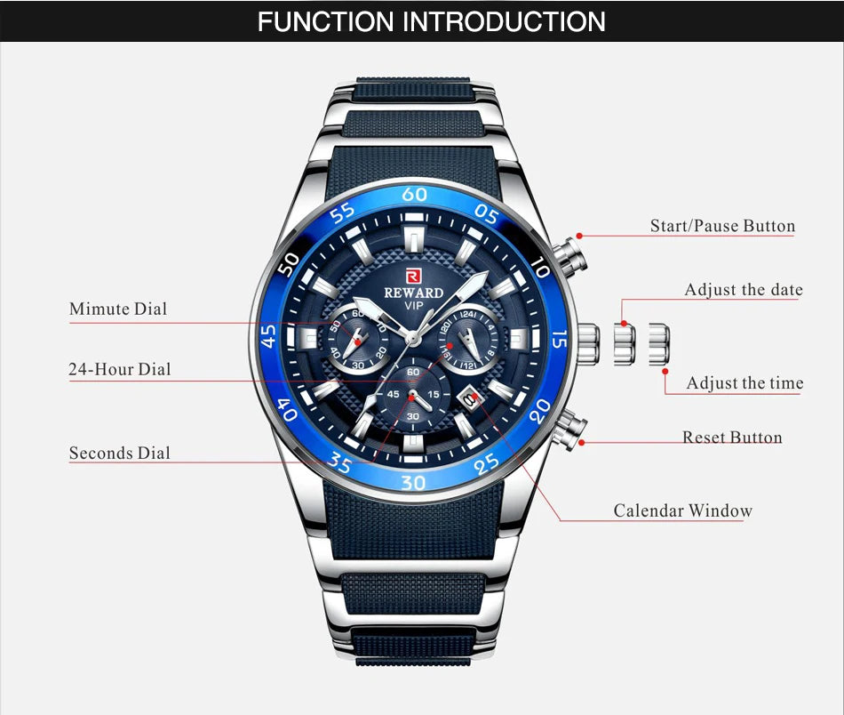 REWARD Brand Mens Watches Luxury Quartz Blue Watch Full Steel Men Chronograph Waterproof Business Wrist Watch Relogio Masculino