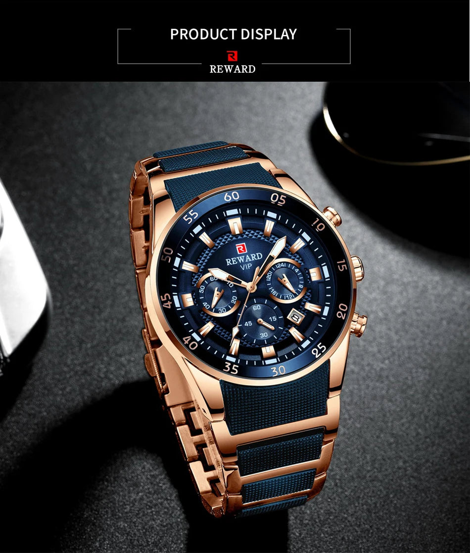 REWARD Brand Mens Watches Luxury Quartz Blue Watch Full Steel Men Chronograph Waterproof Business Wrist Watch Relogio Masculino