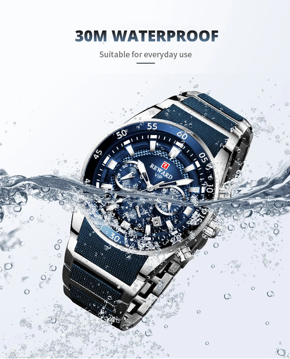 REWARD Brand Mens Watches Luxury Quartz Blue Watch Full Steel Men Chronograph Waterproof Business Wrist Watch Relogio Masculino
