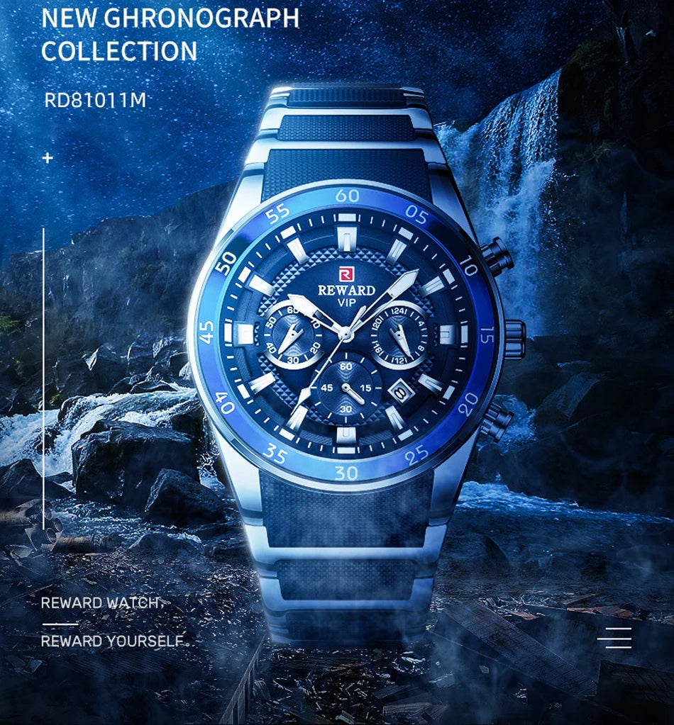 REWARD Brand Mens Watches Luxury Quartz Blue Watch Full Steel Men Chronograph Waterproof Business Wrist Watch Relogio Masculino