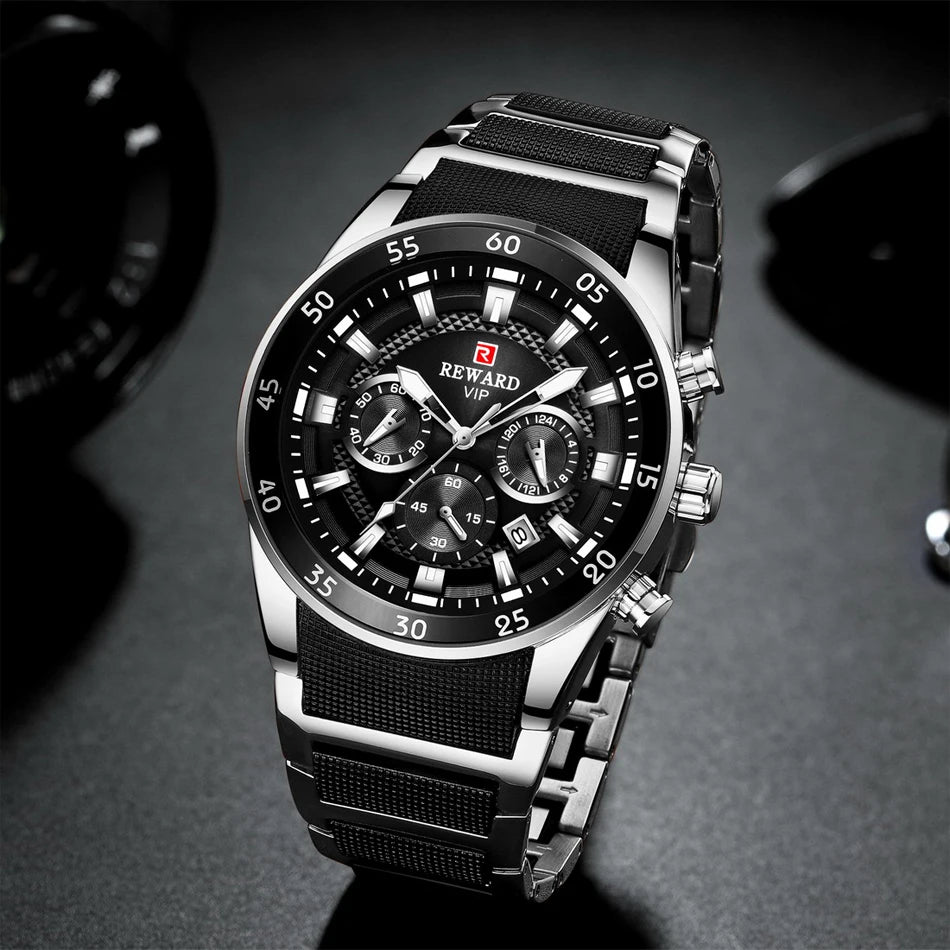 REWARD Brand Mens Watches Luxury Quartz Blue Watch Full Steel Men Chronograph Waterproof Business Wrist Watch Relogio Masculino