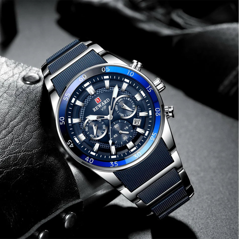 REWARD Brand Mens Watches Luxury Quartz Blue Watch Full Steel Men Chronograph Waterproof Business Wrist Watch Relogio Masculino