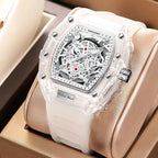 Fashionable Casual Men's Watch Luminous Calendar Function Silicone Strap Tonneau Shaped Transparent Case Men Quartz Watch Reloj