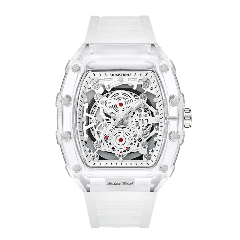 Fashionable Casual Men's Watch Luminous Calendar Function Silicone Strap Tonneau Shaped Transparent Case Men Quartz Watch Reloj