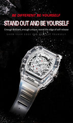 Fashionable Casual Men's Watch Luminous Calendar Function Silicone Strap Tonneau Shaped Transparent Case Men Quartz Watch Reloj